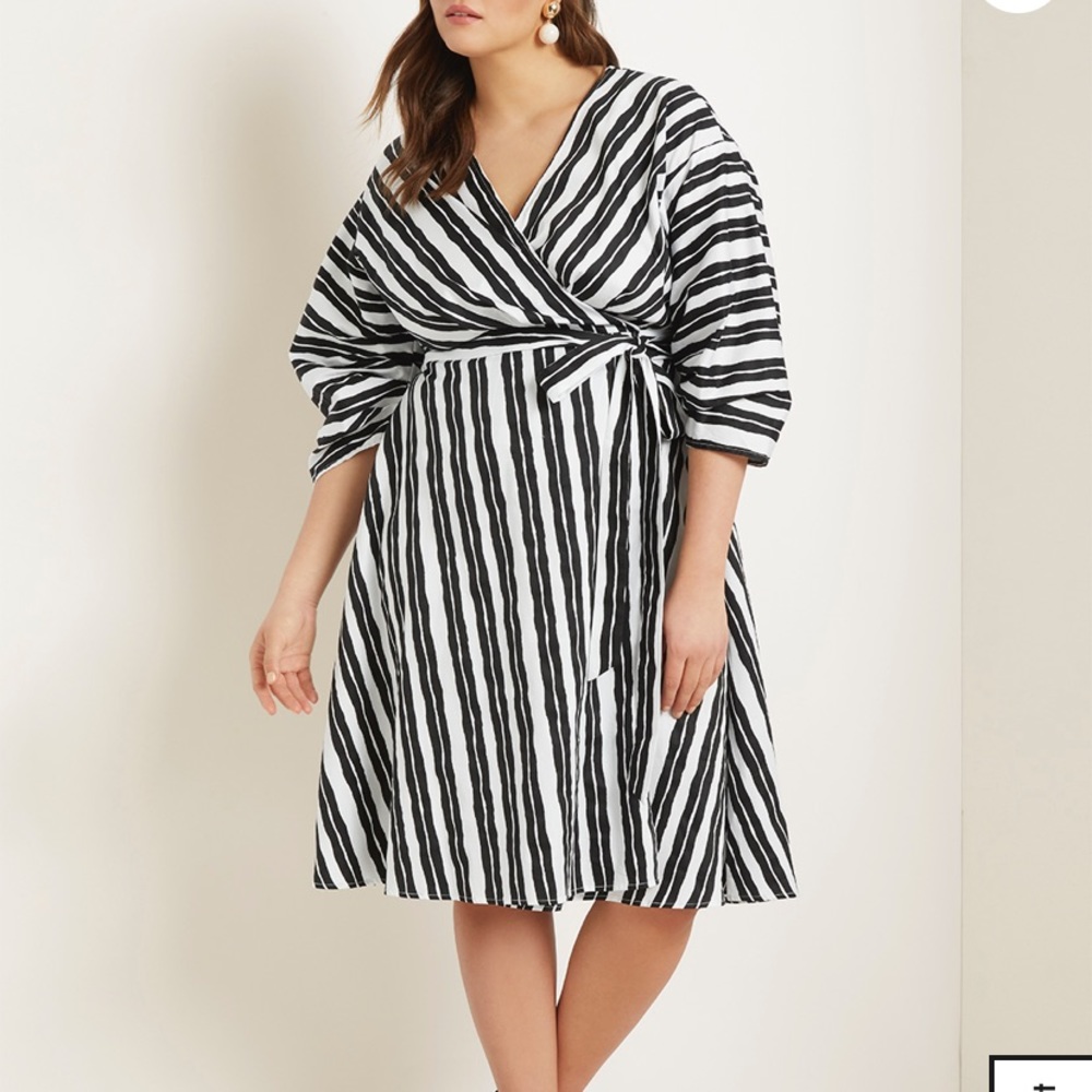 Eloquii Striped Wrap Dress with Puff Sleeves Sz14